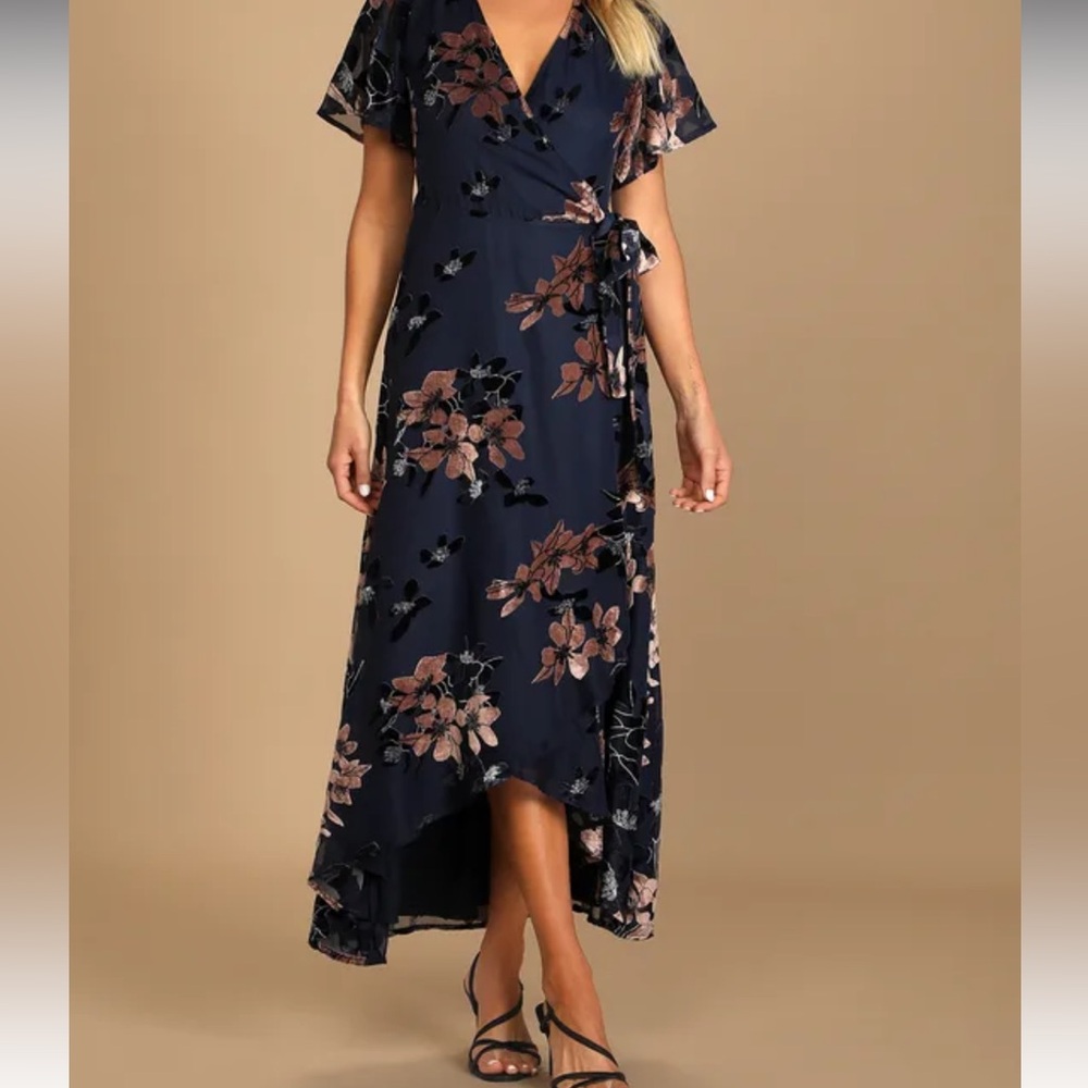 NWT Lulus Bistro Dates Navy Blue Burnout Velvet Jacquard Wrap Maxi Dress